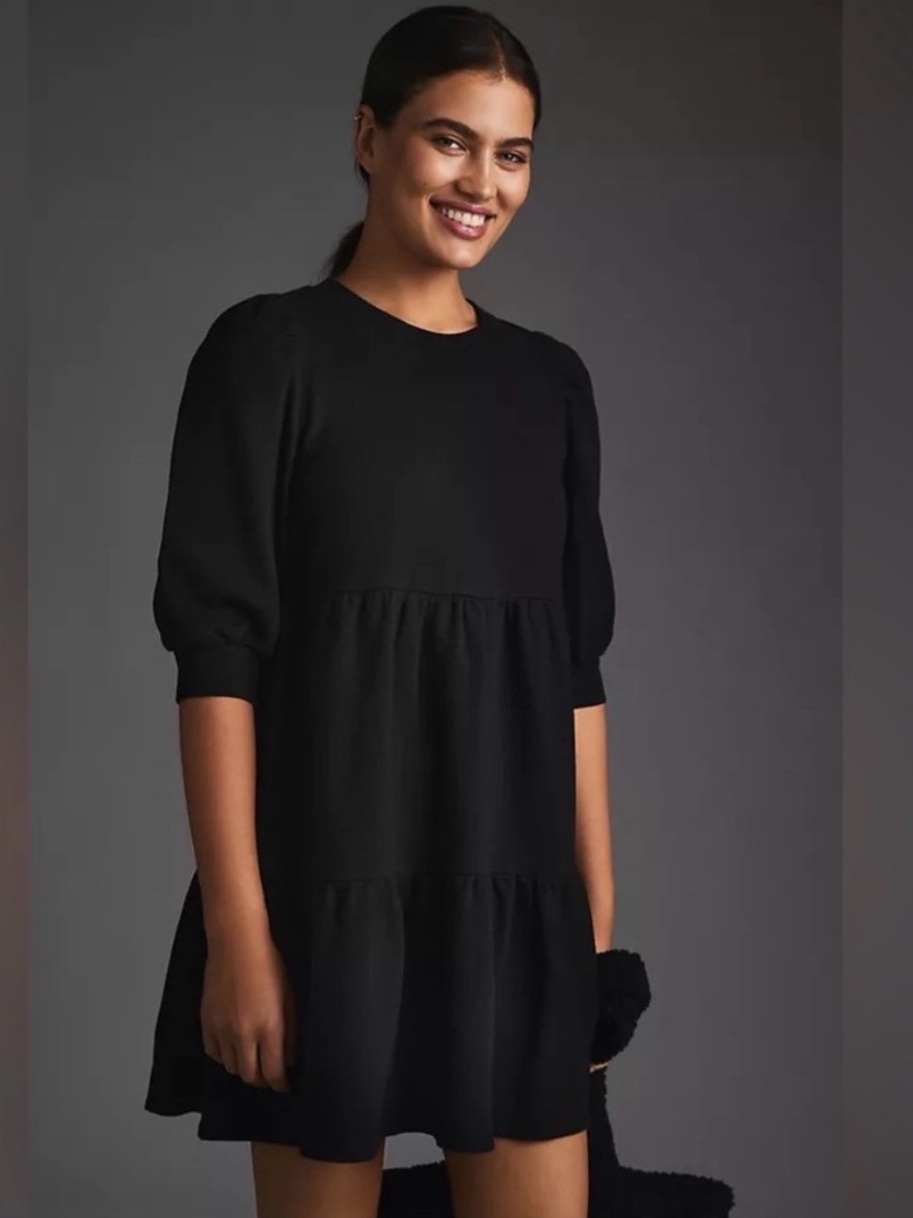 T.La for Anthropologie Savannah Black Tiered Puff-Sleeve Mini Dress size medium